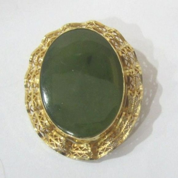 12KGF And Nephrite Jade Brooch - Picture 3 of 6